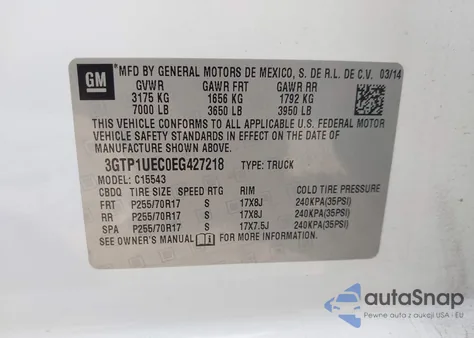 2014 GMC Sierra 1500 Sle z USA, uszkodzony, nr VIN 3GTP1UEC0EG427218